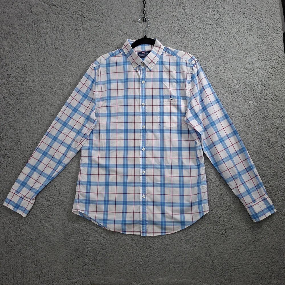 Vineyard Vines Mens Medium Pink Blue Plaid Slim Fit Tucker Cotton Casual Shirt